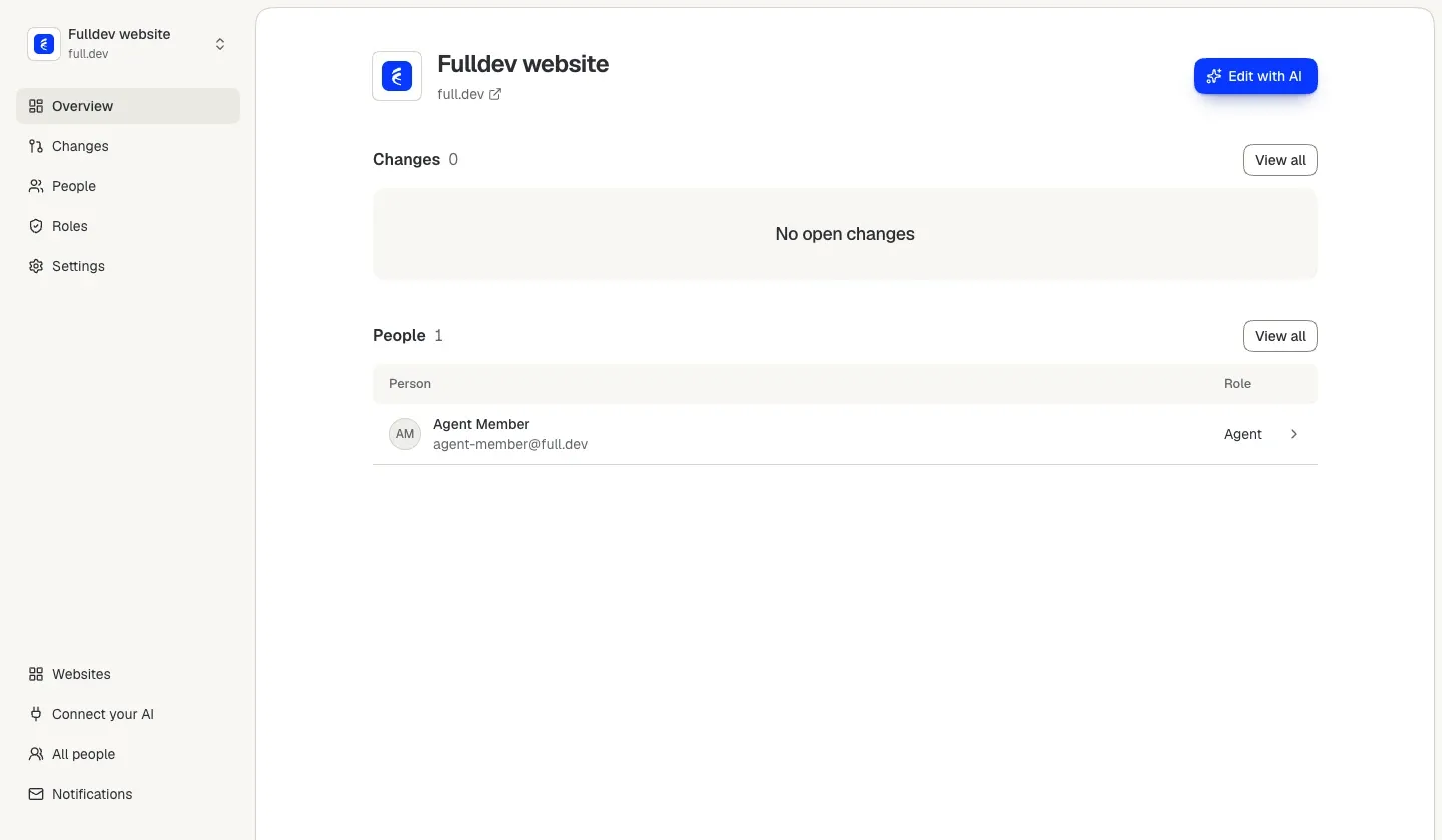 Het dashboard van Fulldev CMS